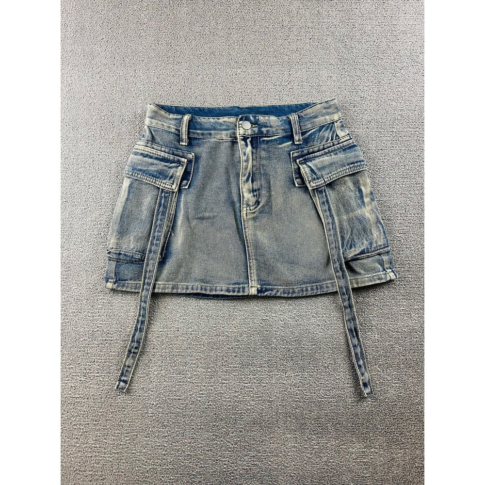 Cargo Mini‎ Skirt Women S Blue Acid Wash Straps Denim Grunge Utility Streetwear